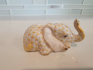 Herend Hungary Yellow Fishnet Baby Elephant Lying Down Porcelain Figurine