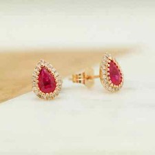 Simulated Red Ruby 2Ct Women Stud Earring 14K Yellow Gold Plated Plated Pear Cut