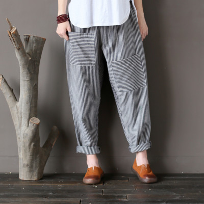 Women Lady Linen Harem Pants Stripe Casual Baggy Loose Elastic Waist Trousers