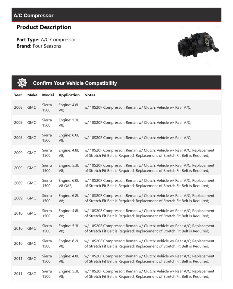 Компрессор кондиционера для 2008-2011 GMC Sierra 1500 4 сезона 2009 2010 - Изображение 2 из 4