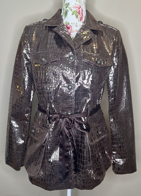 Tracy Porter Jacket Womens Sz L Animal Print Metallic Texture Button Belt Trench