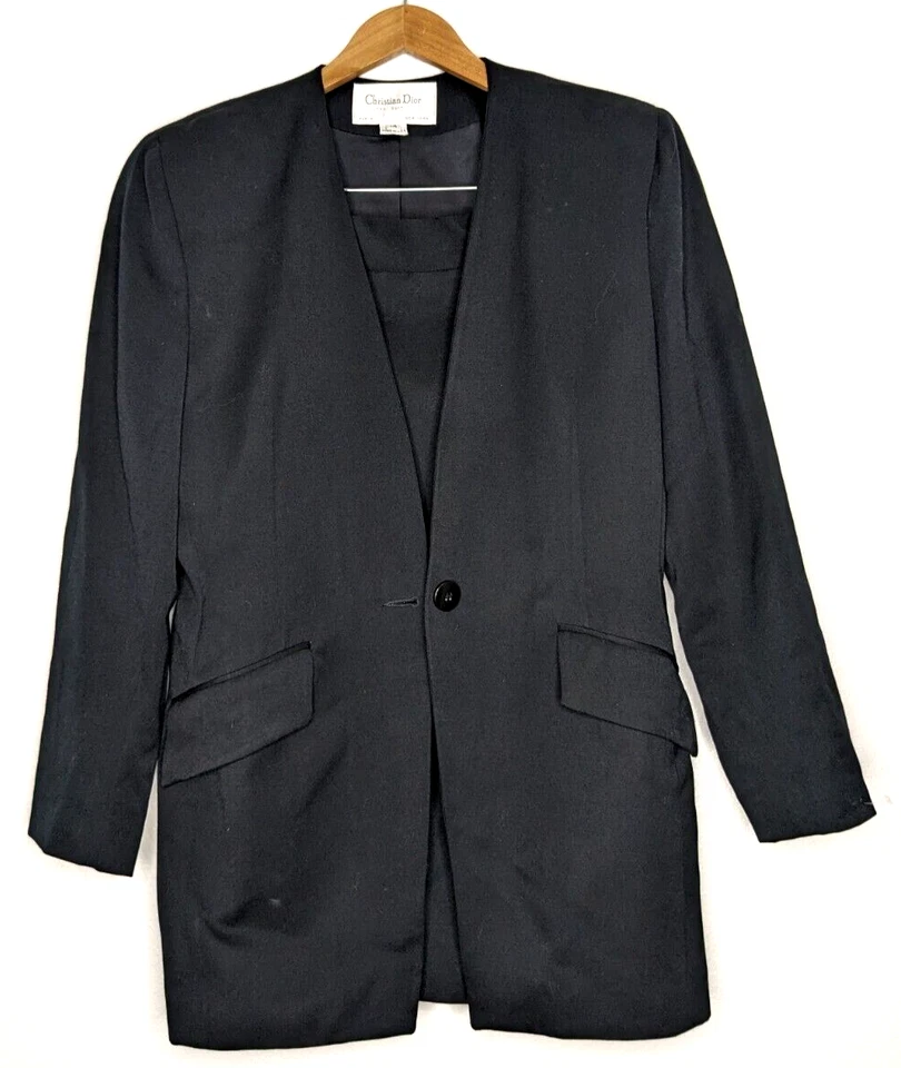 Traje Blazer Chaqueta Falda Vintage Christian Dior Para Mujer Negro Talla 14 100% Lana Foto 2 de 4