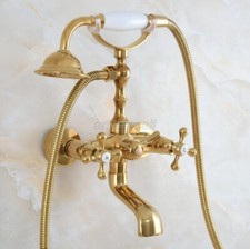 Gold Color Brass Bathroom Wall Mount Clawfoot Bath Tub Faucet w/ Handheld Shower
