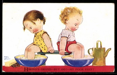 Künstler-AK Mabel Lucie Attwell: Kleine Kinder nehmen ein heißes Fußbad 1935 