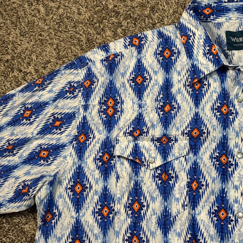 VTG Wrangler Mens XXL Blue Pearl Snap Aztec Brushpopper Navajo Shirt - Image 4 of 4
