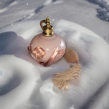 Bottiglia di profumo vintage in vetro rosa decorata con un atomizzatore.