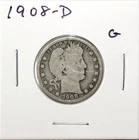 1908 D US Barber 90% Silver Quarter 25c G Good Free Shipping