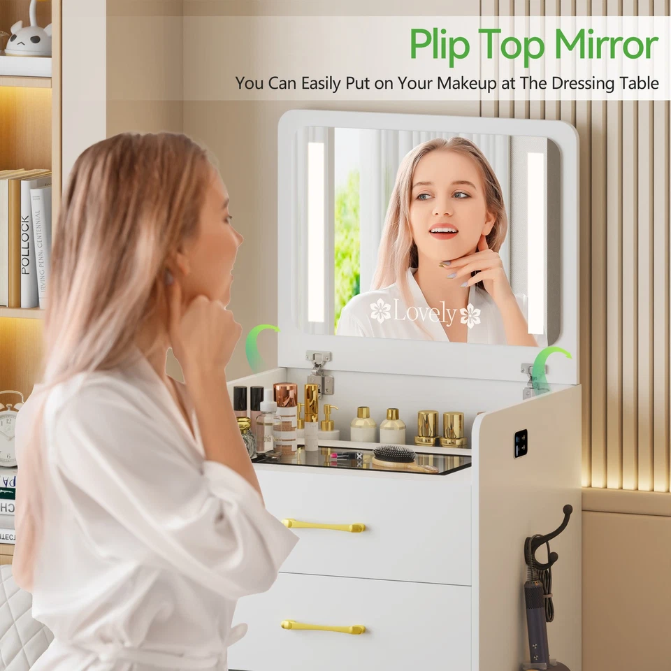 Tocador 3 en 1 con taburete acolchado tocador con espejo abatible Foto 3 de 4