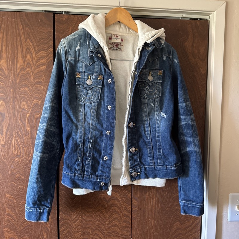 True Religion Big T Hooded Denim Jacket Womens Small Distressed Blue Zip Hoodie