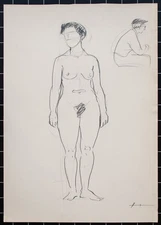 O. Hartmann Female Nude Standing Study Drawing Original Drawing OJ