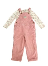 RARE Oshkosh B’gosh 2T Pink Corduroy Lined Overalls & Floral Shirt Cottagecore