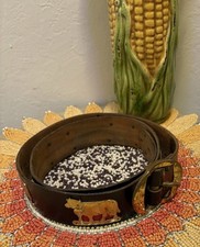 VINTAGE RETRO LEATHER BELT COW MAN DOG BROWN 1970'S GOLD METAL FIGURES MED / LG