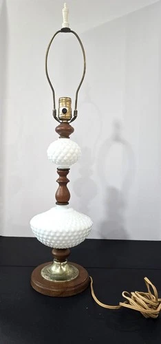 Vintage Milk Glass Hobnail Table Lamp Wood Spindle Brass Mid Century Cottage