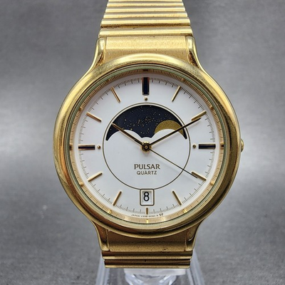 #ad #ad Pulsar Moonphase Watch Men 34mm White Dial Gold Tone Date Round New Battery $112.49