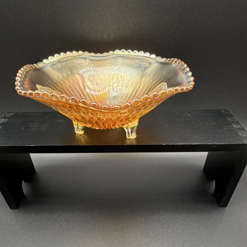 Amber Iridescent Carnival Glass Footed Decorative Bowl Vintage Pressed Glass