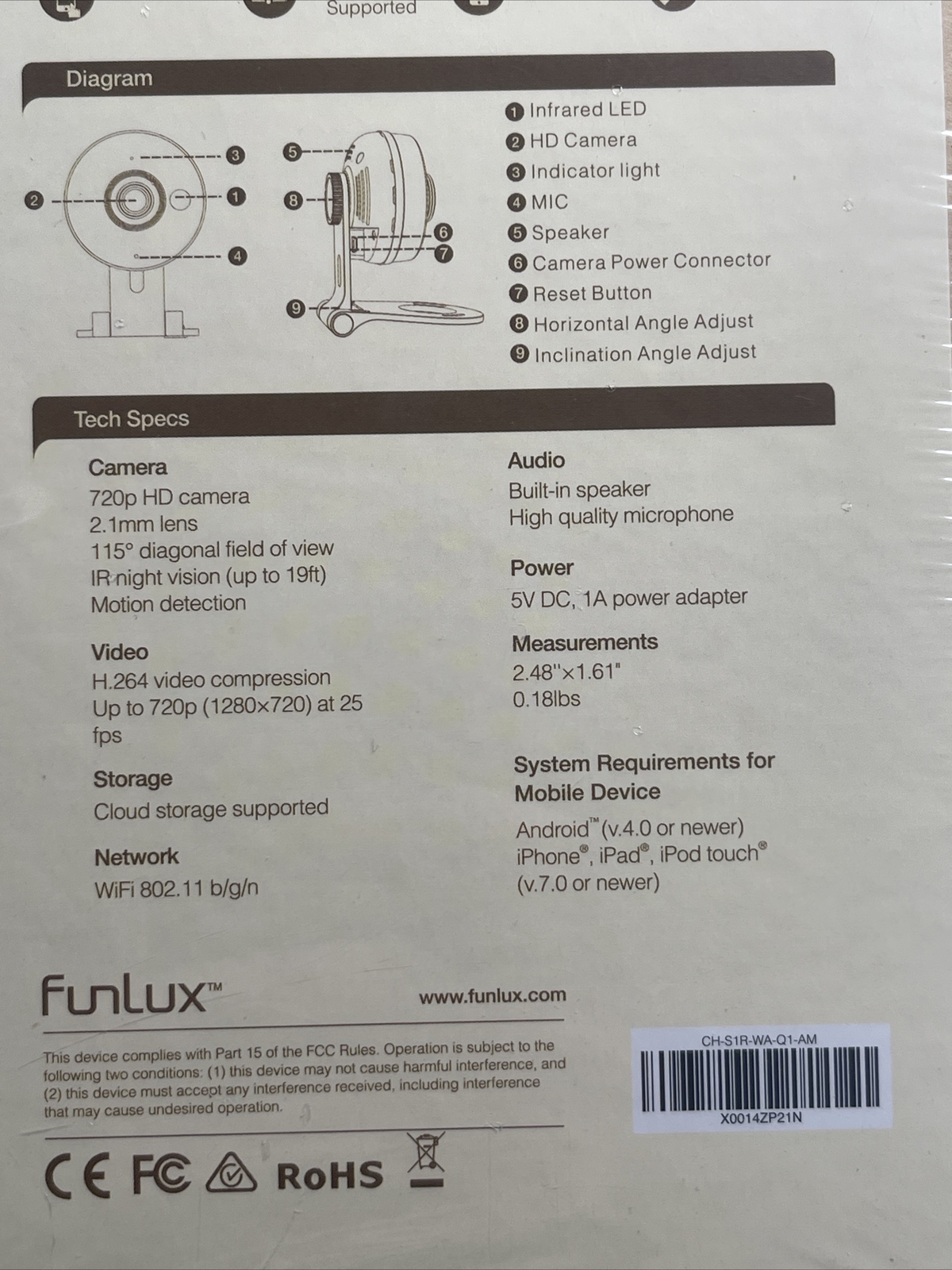 Funlux 720p HD Wireless Mini Home Wifi Security Camera New Sealed ZH-IXY1D