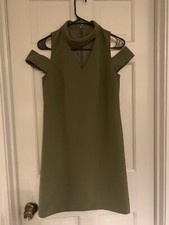 Women’s Tahari Arthur Levine Sz 2 Cold Shoulder Olive Dress V-Neck Exposed