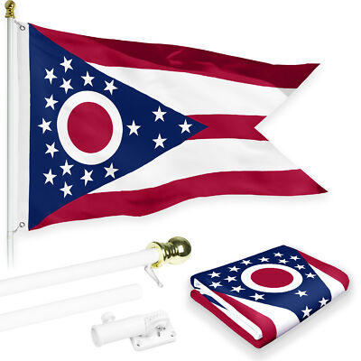 NEW G128 Ohio Flag & Flagpole Set, 6FT White Pole and 3x5FT Printed 150D Flag