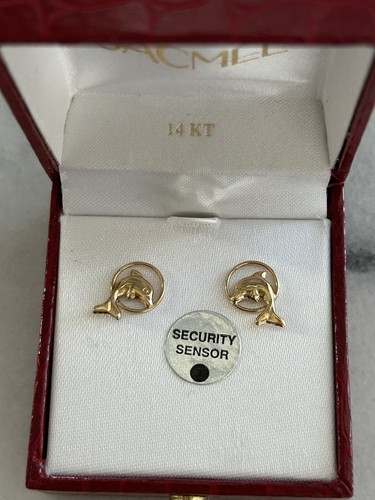Vintage 14K Lite żółte złoto Pierced Post Kolczyki Delfin Stalówka Pudełko upominkowe