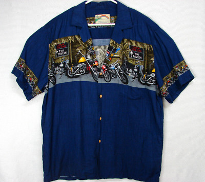 Vtg Paradise Found Motorcycle Biker Tiki Tavern Hula Gins Hawaiian Shirt Mens 2X
