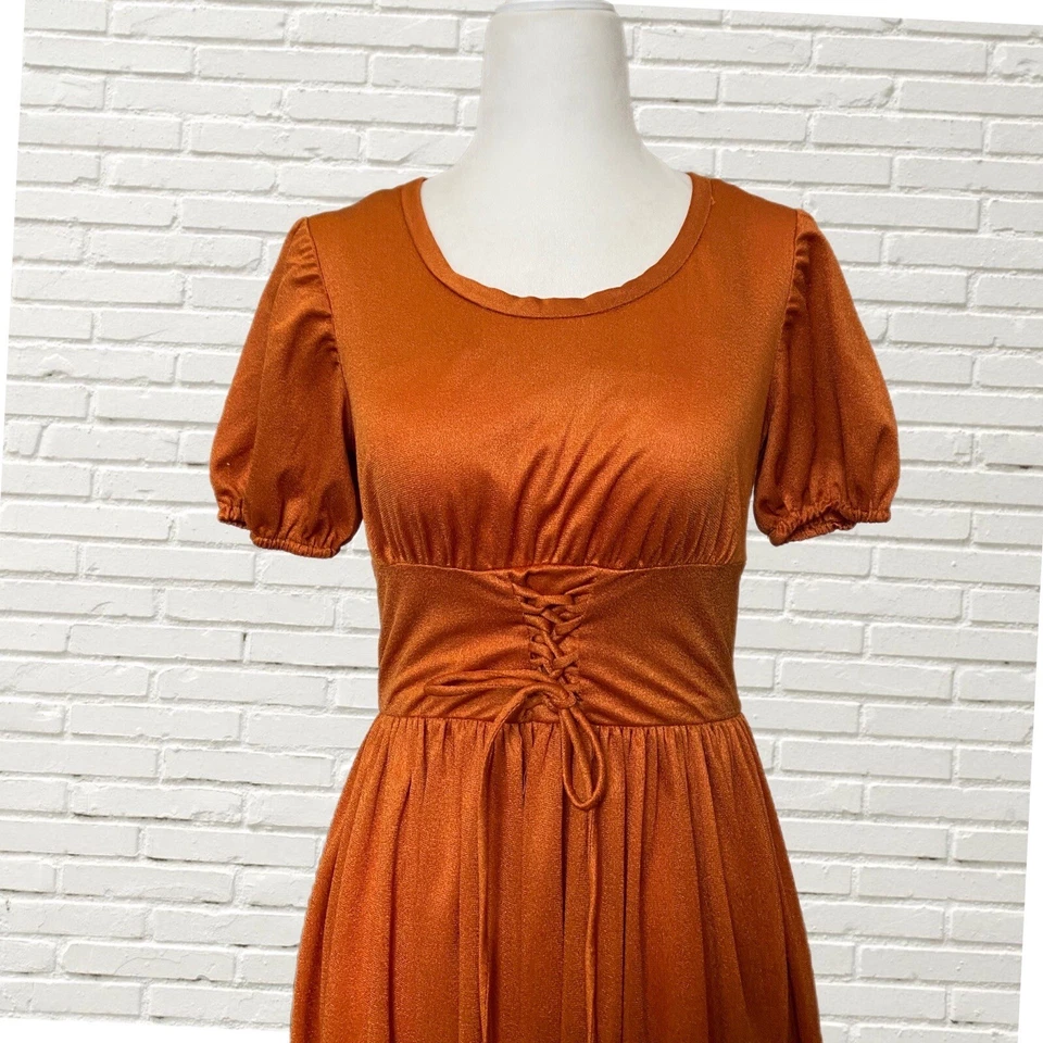 Vintage 60s70s  Maxi Corset Dress Copper Ruffle Hem Metallic Dress Xs Hippie - Image 2 of 4