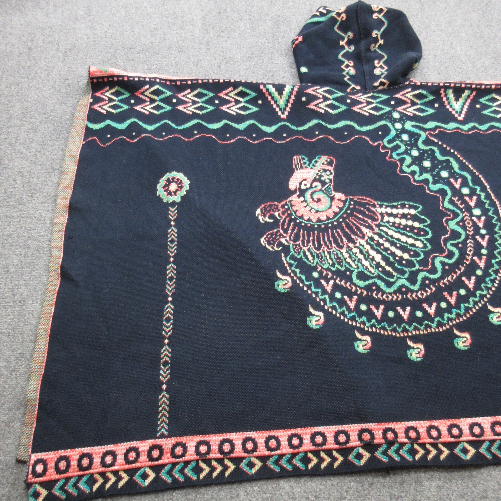 Checkanka Poncho Womens Geometric Knit Aztec Hooded Cape Open Shawl Quetzal