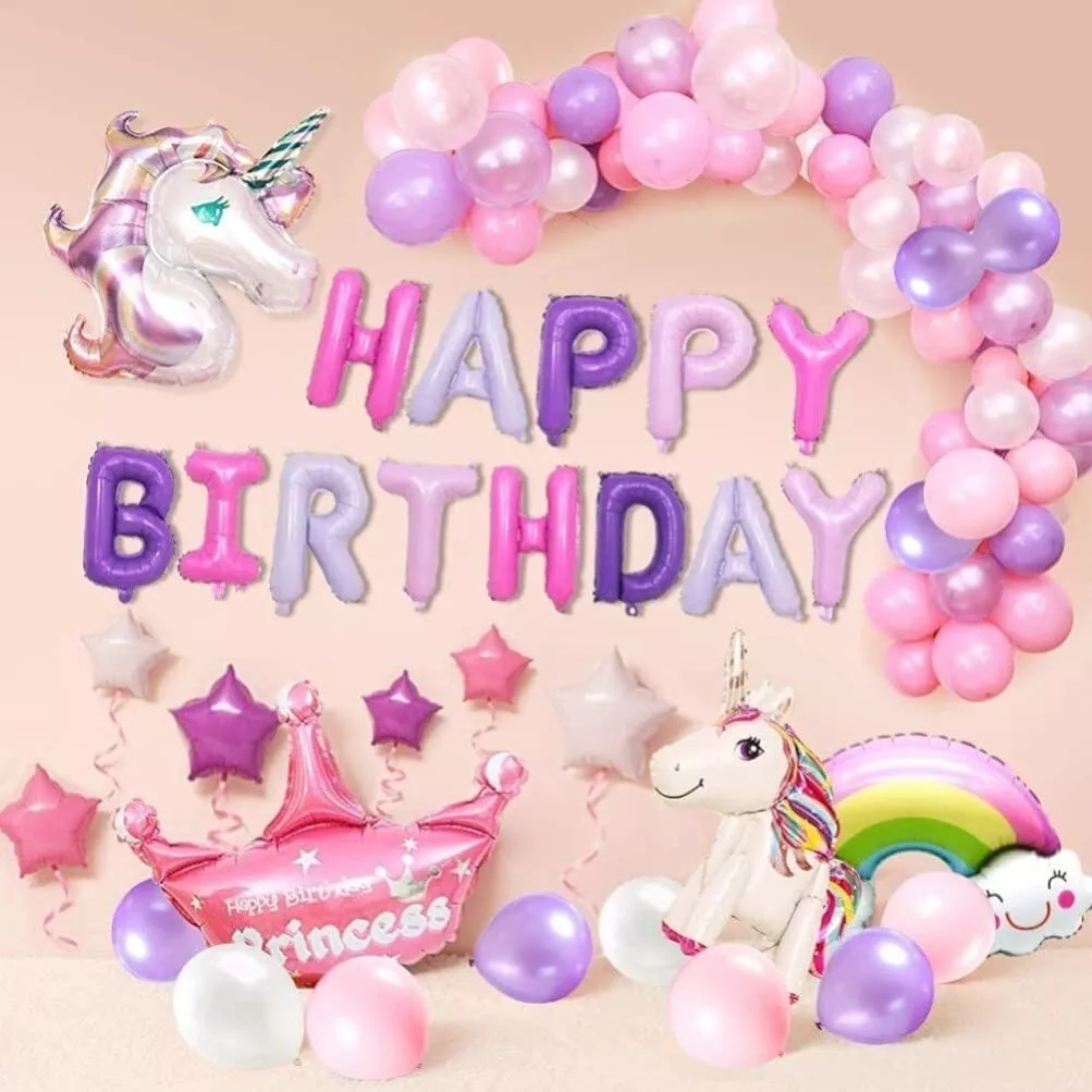 Palloncini per decorazione di compleanno bambina, Tema unicorno rosa con  festone