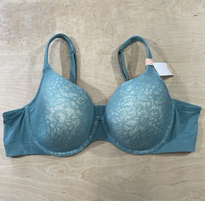 Cacique Lightly Lined T-Shirt Bra Teal Floral Lace Overlay Sz 46C NWT