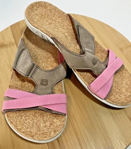 SPENCO ORTHOTIC Women's SZ 7 W WIDE Taupe Pink Strap Slides Sandals Cork Insoles