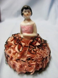 Vintage Porcelain Half-Doll Pink Ruffled Pincushion 3” Probably 1930s