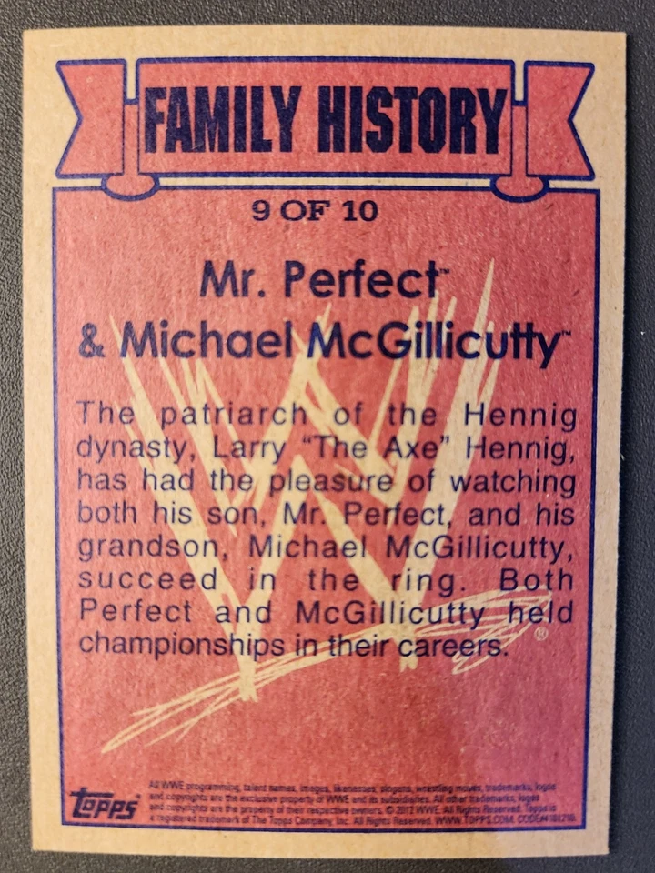 2012 Topps WWE Heritage FAMILY HISTORY #9 MR. PERFECT & MICHAEL MCGILLICUTTY - Image 2 of 2