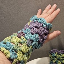 Handmade Crocheted Fingerless Gloves Cozy Purple, Teal, Lime Mermaid Colors