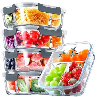 5 Pack Glass Meal Prep Containers 3 Compartment Set 36oz Airtight Glass Lunch Co