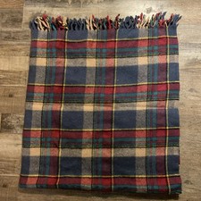 Faribo Wool Throw Blanket w/Fringe Red/Tan/Green/Grey Plaid