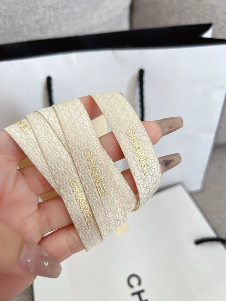 Authentic Chanel Holiday Woven Ribbon With Gold Glitter And White Logo - Image 2 of 4