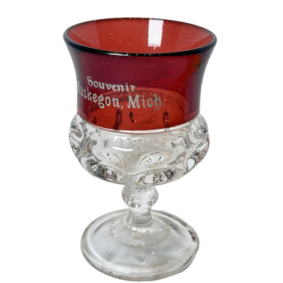 #ad #ad Antique MUSKEGON Michigan MI Ruby Red Flash Cut Souvenir Glass Wine GOBLET $56.61