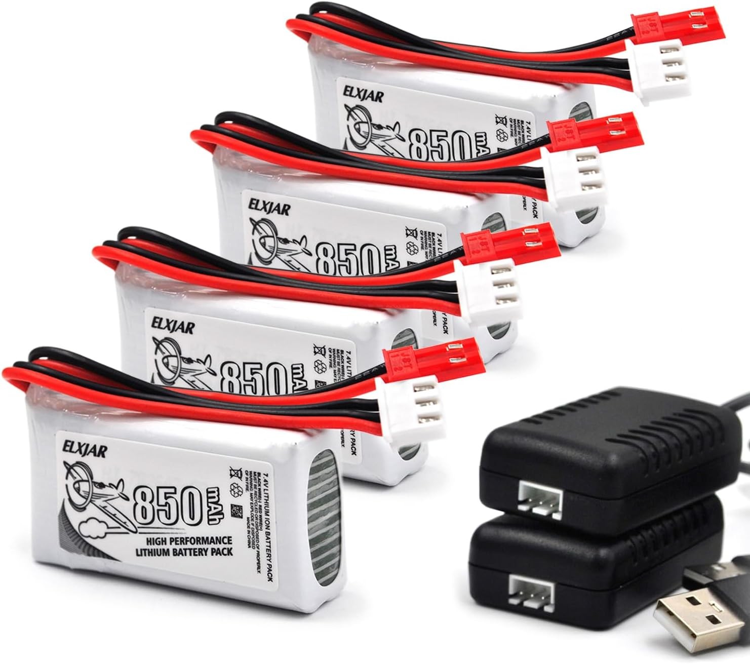 4 Pack 7.4V 850mAh 20C LiPo Battery with JST Plug for UDI U8