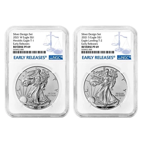 2pc Set - 2021 $1 1-oz Reverse Proof American Silver Eagle Designer NGC PF69 ER