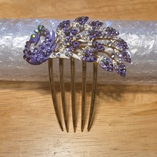 Gold Tone Peacock Hair Comb Purple Rhinestone 5-Prong Metal Enamel 4.5"