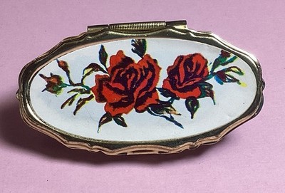 Vintage Floral Lipstick Holder Mirror Red Roses Flowers Gold Tone