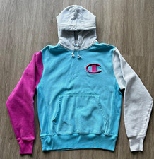 Champion Reverse Weave Blue/White/Pink Colorblock Fleece Hoodie Logo Pockets M