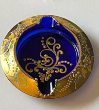 Venitian Cobalt Blue Hand Painted Enamel Gold Gilt 4" Round 3D Floral Ashtray