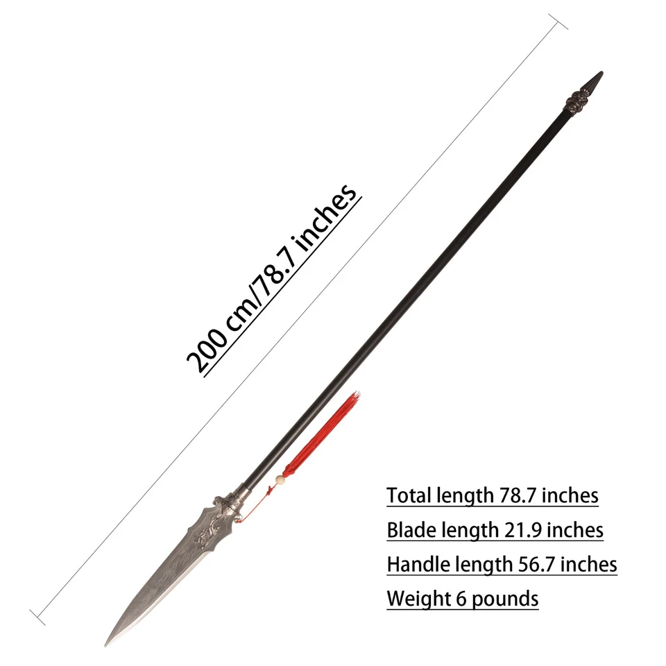 Metal spear carved with dragon pattern, 78.7 inches, for collection, performance - Image 2 of 4