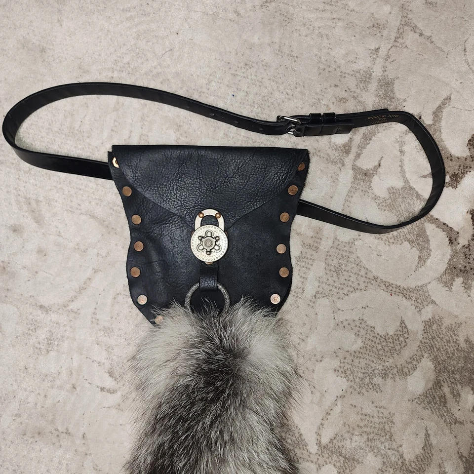 Bolso Cinturón Negro Largo Grueso Piel Cola Giratorio Cierre Metal Unisex Burning Man Festiva Foto 2 de 4