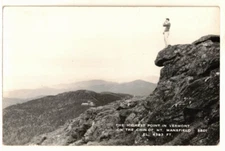c1950 RPPC: Man Standing on Highest Point in Vermont, Chin of Mt Mansfield