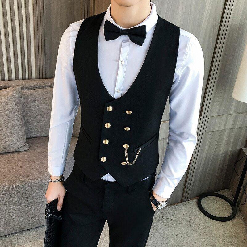 Men's Double Breasted Vest Sleeveless Suit Vest Black Men's