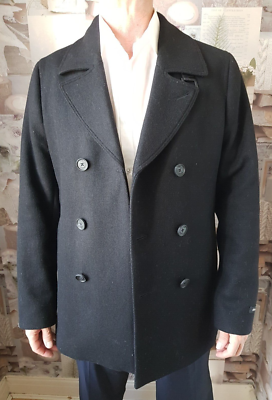 Ted Baker Zachary Trim Fit Double Breasted Black Wool Pea Coat