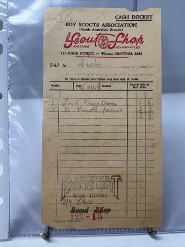VINTAGE RECEIPT THE SCOUT SHOP BOY SCOUTS ASSOCIATION 1949 STH AUSTRALIA