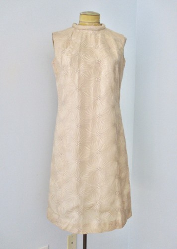 Vtg 60s Beige Spidery Floral Embroidered Chiffon 2-Pc MOB Dress Jacket Suit 14 - Picture 6 of 16