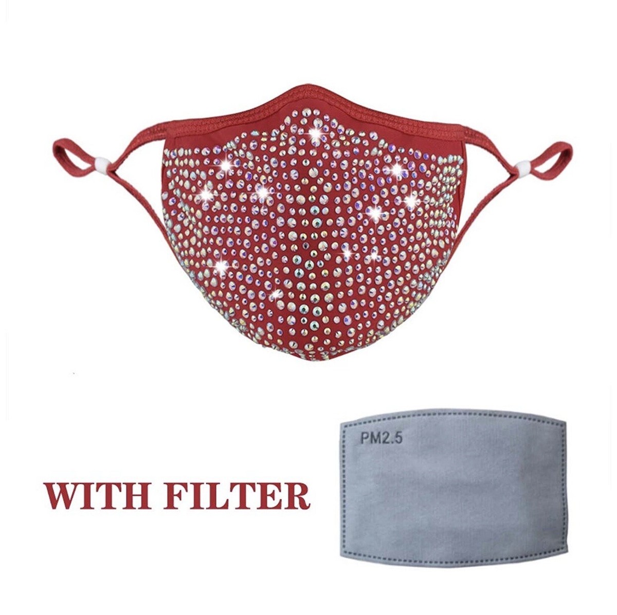 Rhinestone bedazzled bling face mask RED Diamond Sparkle